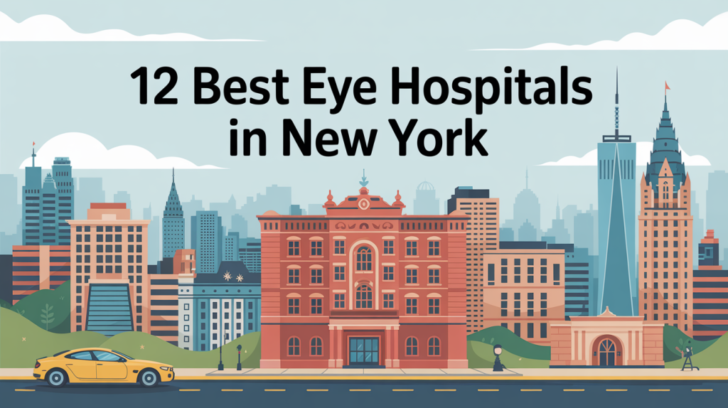 A modern flat-style illustration showcasing the text 12 Best Eye Hospitals in New York. Use premium, clean fonts to enhance visibility and appeal.